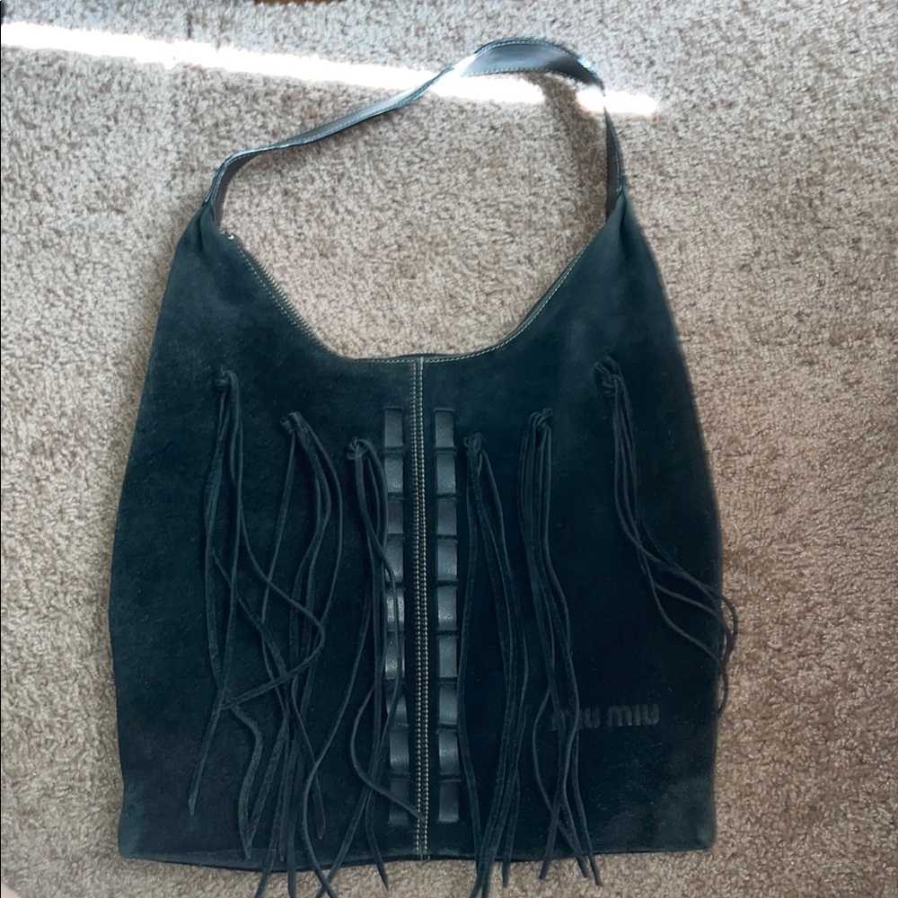 Miu Miu Black Hobo Bag with Fringe Details
